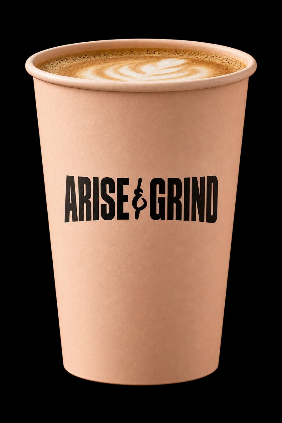 Peach Arise & Grind takeaway cup concept with natural paper texture, a flat white and the standalone black wordmark.