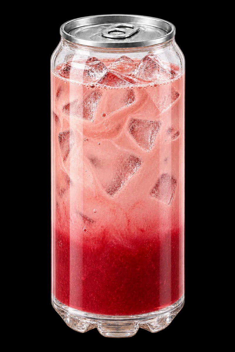 Illustrative clear can of a layered fruit cooler, with a red base and lighter iced upper layer.