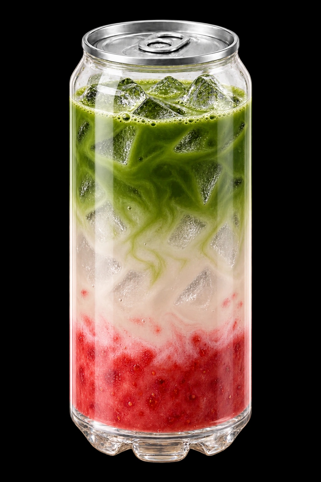 Illustrative clear-can strawberry matcha with a pink purée base, pale middle and green upper layer.